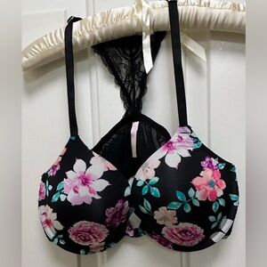 Candie’s Lace-Back Padded Bra in Black with Pink & Teal Flowers